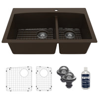 33" Top MountDouble Offset Bowl Quartz Composite Kitchen Sink Kit In Brown