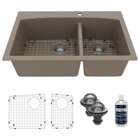 33" Top Mount Double Offset Bowl Quartz Composite Kitchen Sink Kit In Concrete