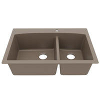 33" Top Mount Double Offset Bowl Quartz Composite Kitchen Sink In Concrete