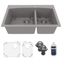 33" Top Mount Double Offset Bowl Quartz Composite Kitchen Sink Kit In Grey