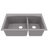 33" Top Mount Double Offset Bowl Quartz Composite Kitchen Sink In Grey