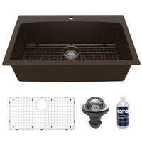 33" Top Mount Large Single Bowl Quartz Composite Kitchen Sink Kit In Brown