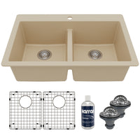 33" Top Mount Double Equal Bowl Quartz Composite Kitchen Sink Kit In Bisque