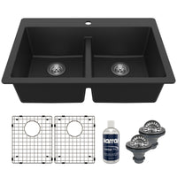 33" Top Mount Double Equal Bowl Quartz Composite Kitchen Sink Kit In Black