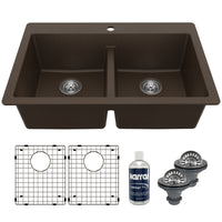 33" Top Mount Double Equal Bowl Quartz Composite Kitchen Sink Kit In Brown