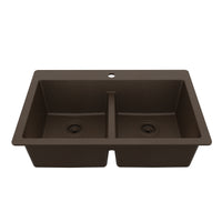 33" Top Mount Double Bowl Quartz Composite Kitchen Sink In Brown