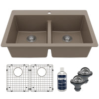 33" Top Mount Double Equal Bowl Quartz Composite Kitchen Sink Kit In Concrete