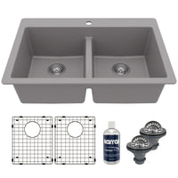 33" Top Mount Double Equal Bowl Quartz Composite Kitchen Sink Kit In Grey