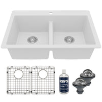 33" Top Mount Double Equal Bowl Quartz Composite Kitchen Sink Kit In White