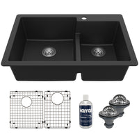 33" Top Mount Double Offset Bowl Quartz Composite Kitchen Sink Kit In Black