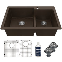 33" Top Mount Double Offset Bowl Quartz Composite Kitchen Sink Kit In Brown