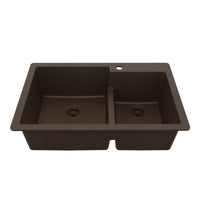 33" Top Mount Double Offset Bowl Quartz Composite Kitchen Sink In Brown