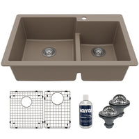 33" Top Mount Double Offset Bowl Quartz Composite Kitchen Sink Kit In Concrete