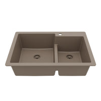 33" Top Mount Double Offset Bowl Quartz Composite Kitchen Sink In Concrete