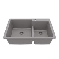 33" Top Mount Double Offset Bowl Quartz Composite Kitchen Sink In Grey