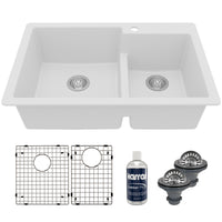 33" Top Mount Double Offset Bowl Quartz Composite Kitchen Sink Kit In White