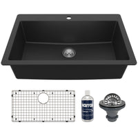 33" Top Mount Large Single Bowl Quartz Composite Kitchen Sink Kit In Black