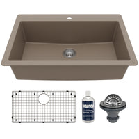 33" Top Mount Large Single Bowl Quartz Composite Kitchen Sink Kit In Concrete
