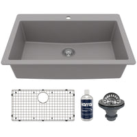 33" Top Mount Large Single Bowl Quartz Composite Kitchen Sink Kit In Grey
