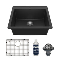25" Top Mount Single Bowl Quartz Composite Kitchen Sink Kit In Black