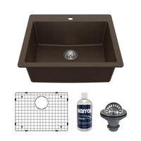 25" Top Mount Single Bowl Quartz Composite Kitchen Sink Kit In Brown