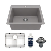 25" Top Mount Single Bowl Quartz Composite Kitchen Sink Kit In Grey