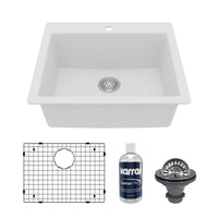 25" Top Mount Single Bowl Quartz Composite Kitchen Sink Kit In White