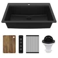 33" Top Mount Single Bowl Quartz Kitchen Sink Kit In Black