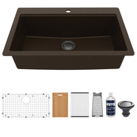 33" Top Mount Large Single Bowl Quartz Composite Workstation Kitchen Sink In Brown