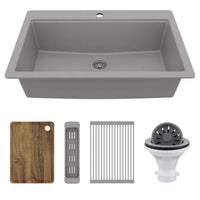 33" Top Mount Single Bowl Quartz Kitchen Sink Kit In Grey
