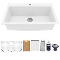 33" Top Mount Large Single Bowl Quartz Composite Workstation Kitchen Sink In White