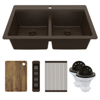 33" Top Mount Double Bowl Quartz Kitchen Sink Kit In Brown