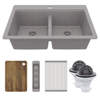 33" Top Mount Double Bowl Quartz Kitchen Sink Kit In Grey