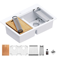 33" Top Mount Double Equal Bowl Quartz Composite Workstation Kitchen Sink In White