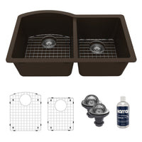 32-1/4" Undermount Double Offset Bowl Quartz Composite Kitchen Sink Kit In Brown