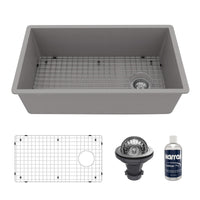 31-5/8" Undermount Large Single Bowl Quartz Composite Kitchen Sink Kit In Grey