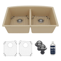 32-1/2" Undermount Double Equal Bowl Quartz Composite Kitchen Sink Kit In Bisque