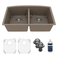 32-1/2" Undermount Double Equal Bowl Quartz Composite Kitchen Sink Kit In Concrete