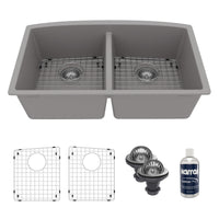32-1/2" Undermount Double Equal Bowl Quartz Composite Kitchen Sink Kit In Grey