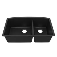 32-1/2" Undermount Double Offset Bowl Quartz Composite Kitchen Sink In Black