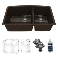 32-1/2" Undermount Double Offset Bowl Quartz Composite Kitchen Sink Kit In Brown