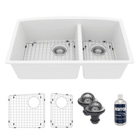 32-1/2" Undermount Double Offset Bowl Quartz Composite Kitchen Sink Kit In White
