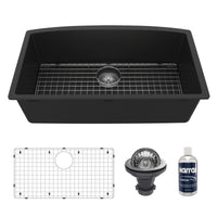 32-1/2" Undermount Large Single Bowl Quartz Composite Kitchen Sink Kit In Black