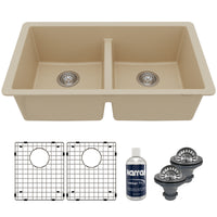 32-3/8" Undermount Double Equal Bowl Quartz Composite Kitchen Sink Kit In Bisque