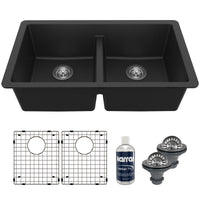 32-3/8" Undermount Double Equal Bowl Quartz Composite Kitchen Sink Kit In Black