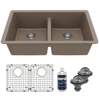 32-3/8" Undermount Double Equal Bowl Quartz Composite Kitchen Sink Kit In Concrete
