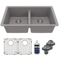 32-3/8" Undermount Double Equal Bowl Quartz Composite Kitchen Sink Kit In Grey
