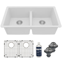 32-3/8" Undermount Double Equal Bowl Quartz Composite Kitchen Sink Kit In White