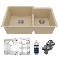 32" Undermount Double Offset Bowl Quartz Composite Kitchen Sink Kit In Bisque