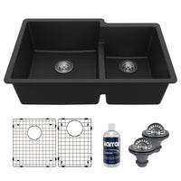 32" Undermount Double Offset Bowl Quartz Composite Kitchen Sink Kit In Black